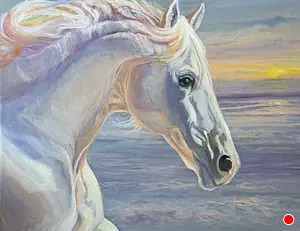 White horse with flowing mane against a sunset sky and water background, facing right.