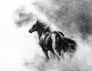 A black horse running through a cloudy sky, with its mane and tail flowing, in black and white.