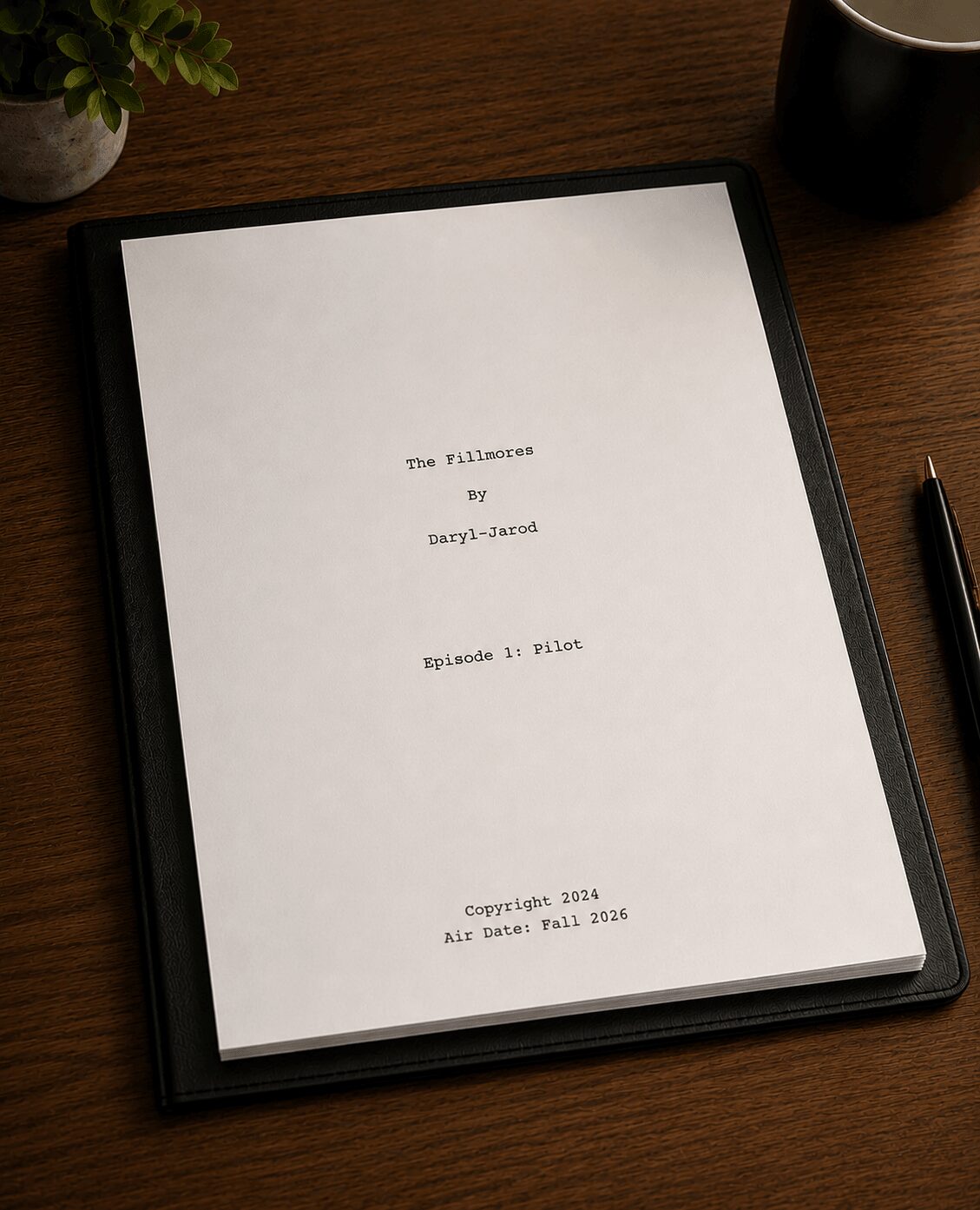 A script titled 'The Fillmore' by Daryl-Marc, episode 1 pilot, on a desk with a pen, a cup, and a plant.