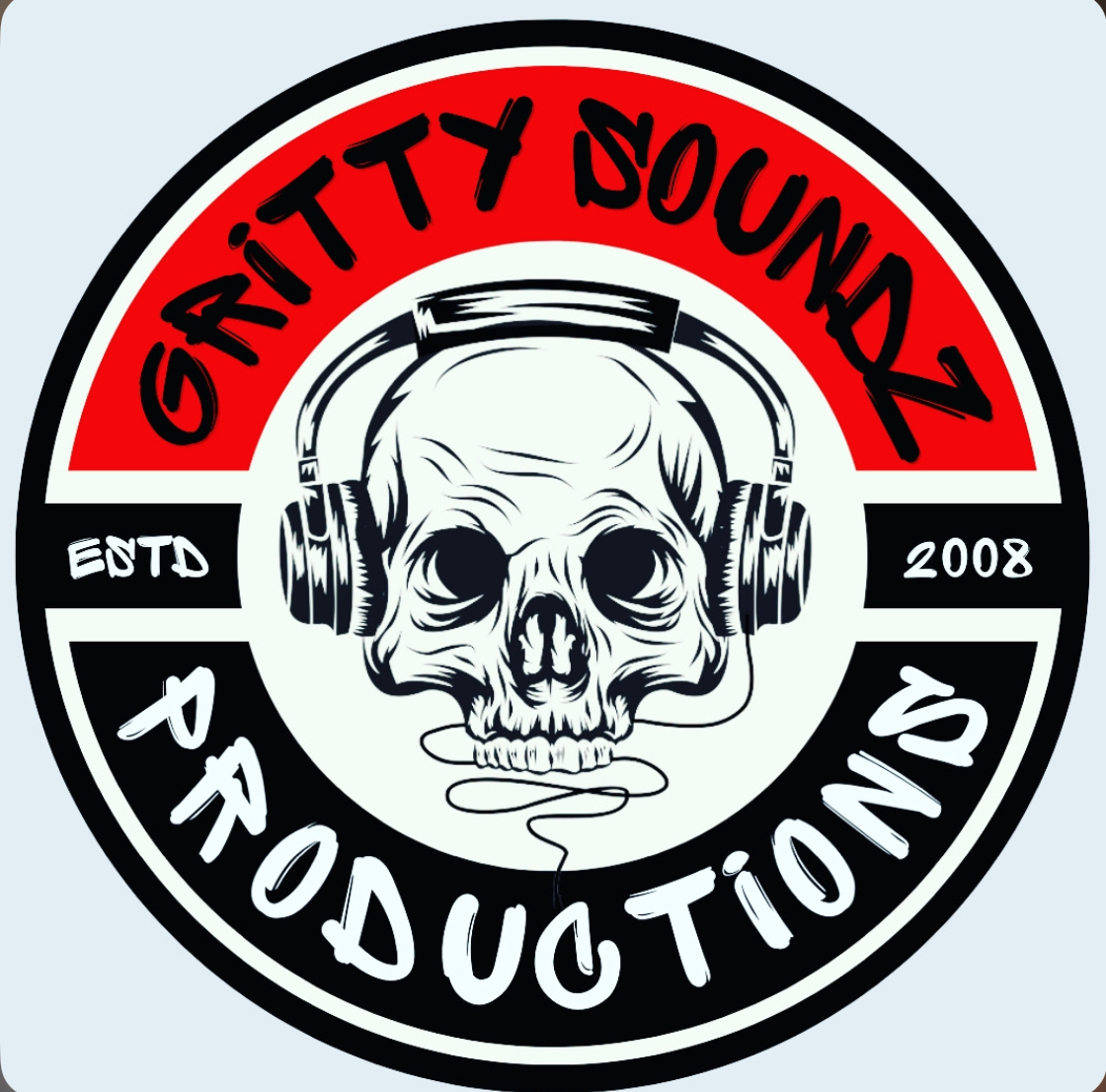 A circular logo with a skull wearing headphones, text 'Gritty Soundz Productions', and the year 2008, black, red, white, and light blue colors.