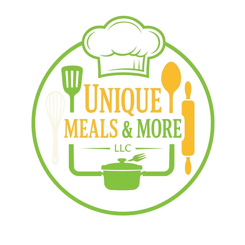 Logo with chef hat, cooking utensils, and text 'Unique Meals & More LLC' in green and yellow.