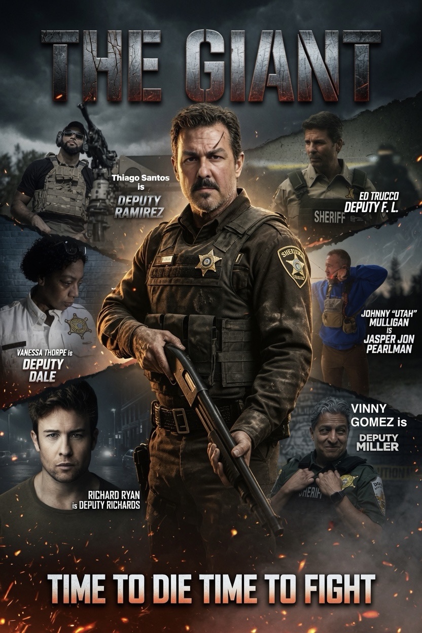 Group of police officers, with a central officer holding a gun, in a dark, intense scene with the title 'The Giant' and tagline.