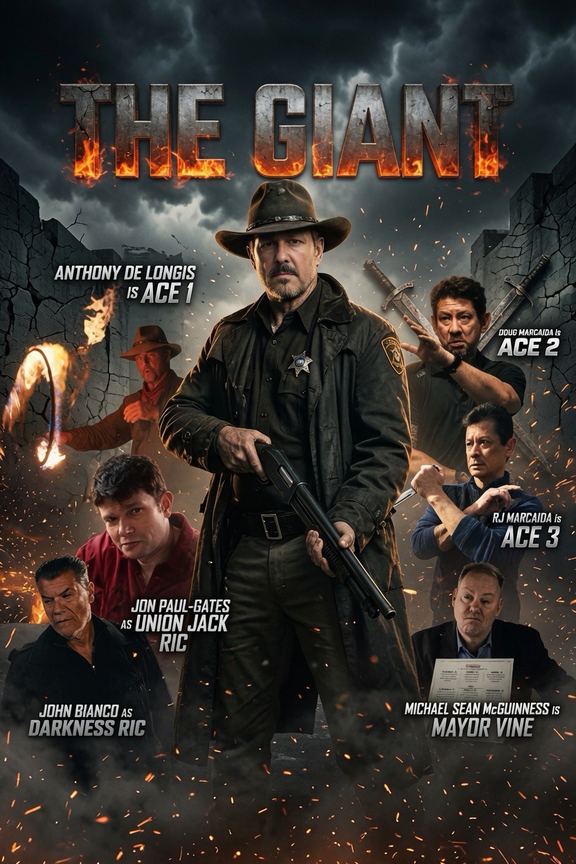 Group of characters, including a sheriff with a gun, in a dark, fiery scene with a city background.