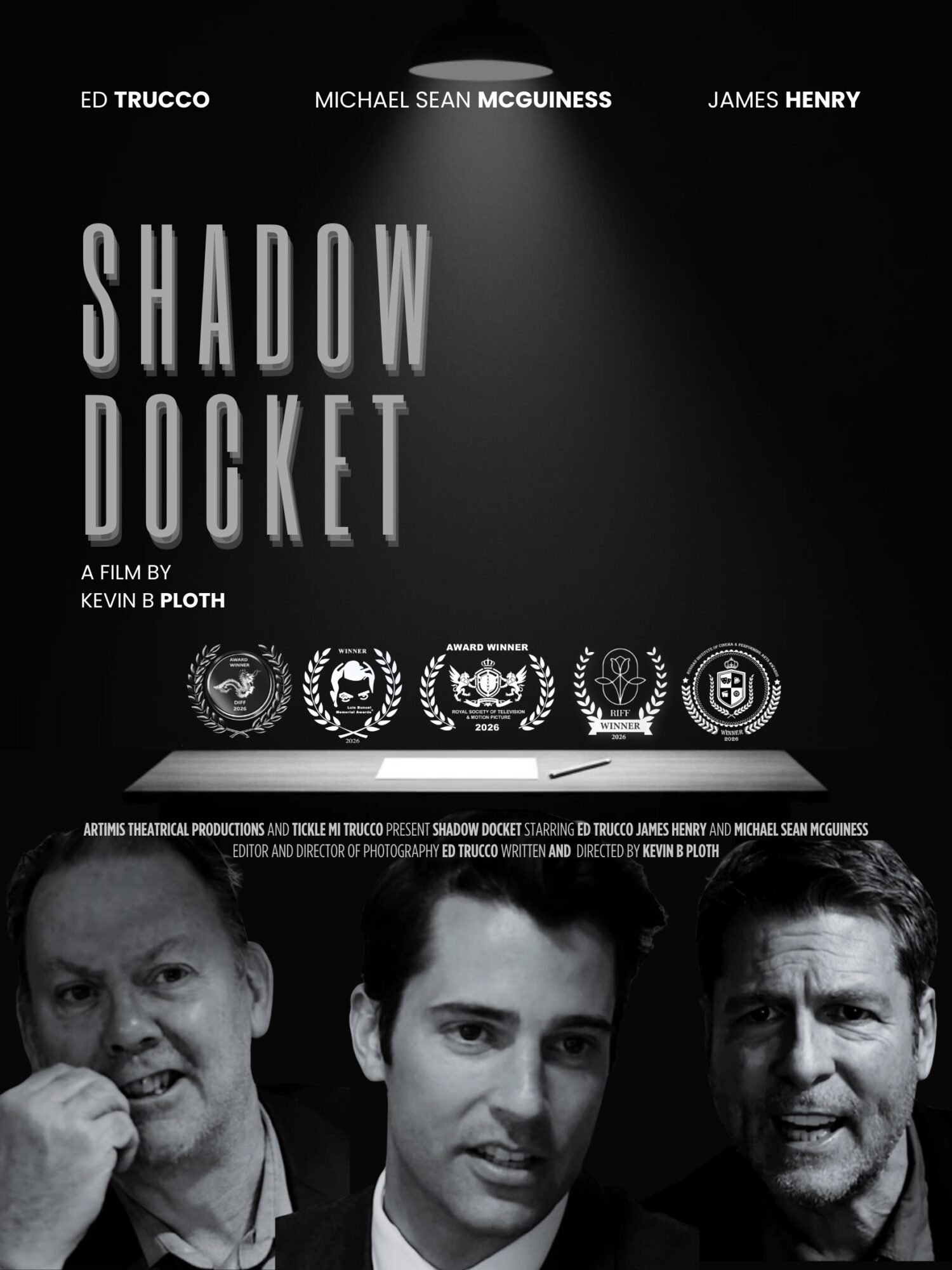 Movie poster with three men's faces, title 'Shadow Docket', and award icons below, on a black background.