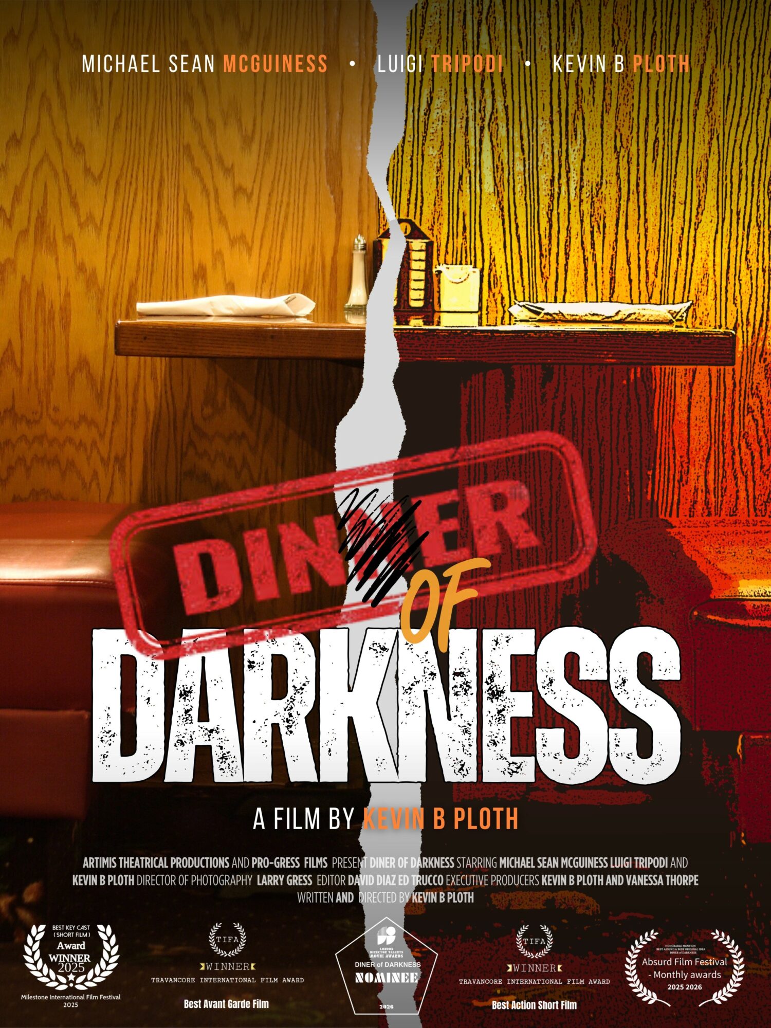 Split image of a restaurant booth with a torn paper effect, showing a dark and light side, with movie title and credits.