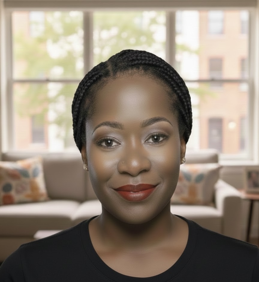 Portrait of a woman with braided hair, smiling, indoors with a window and sofa in the background.