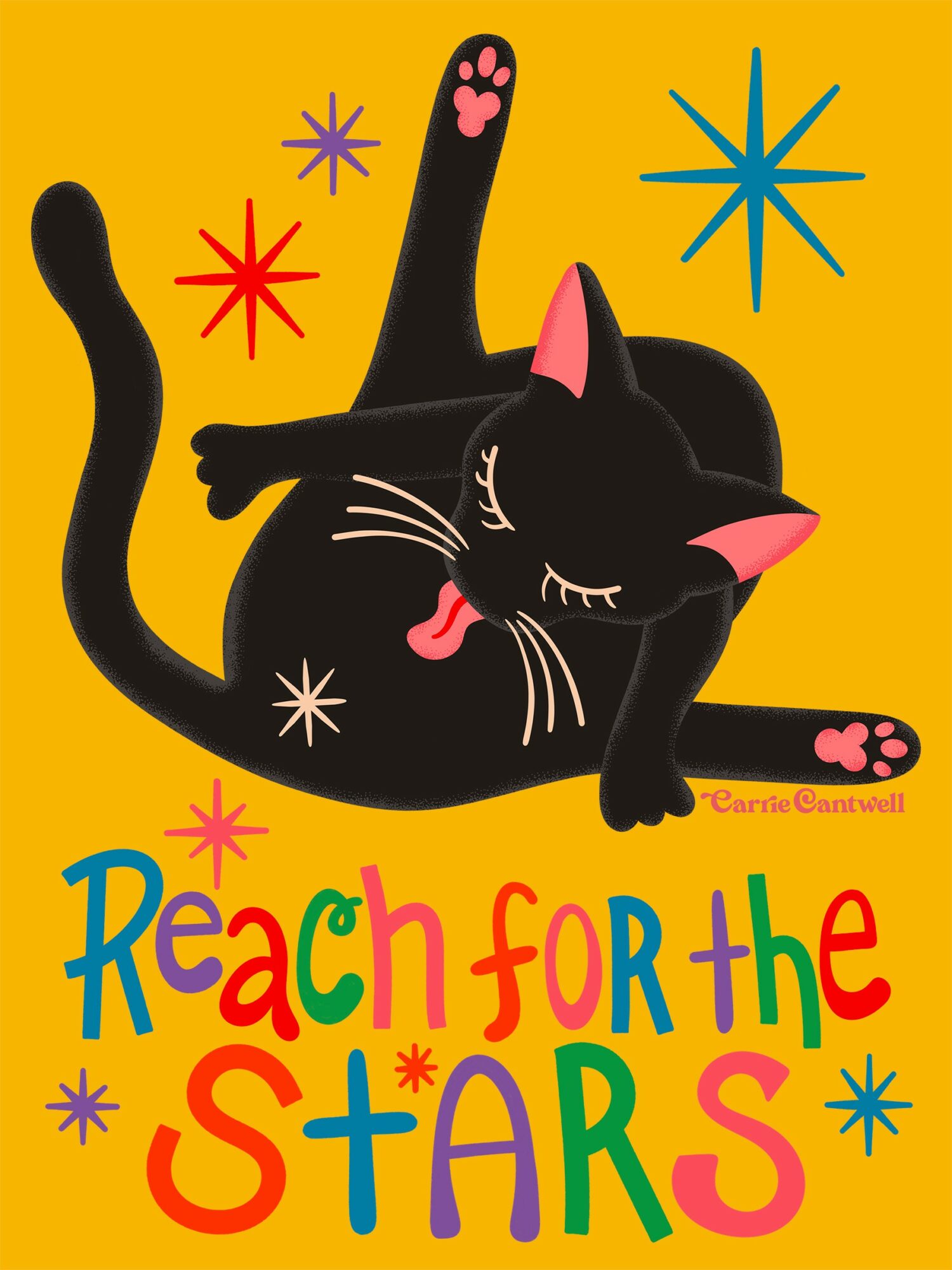 Black cat lying on its back with paws up, surrounded by colorful stars and text on yellow background.