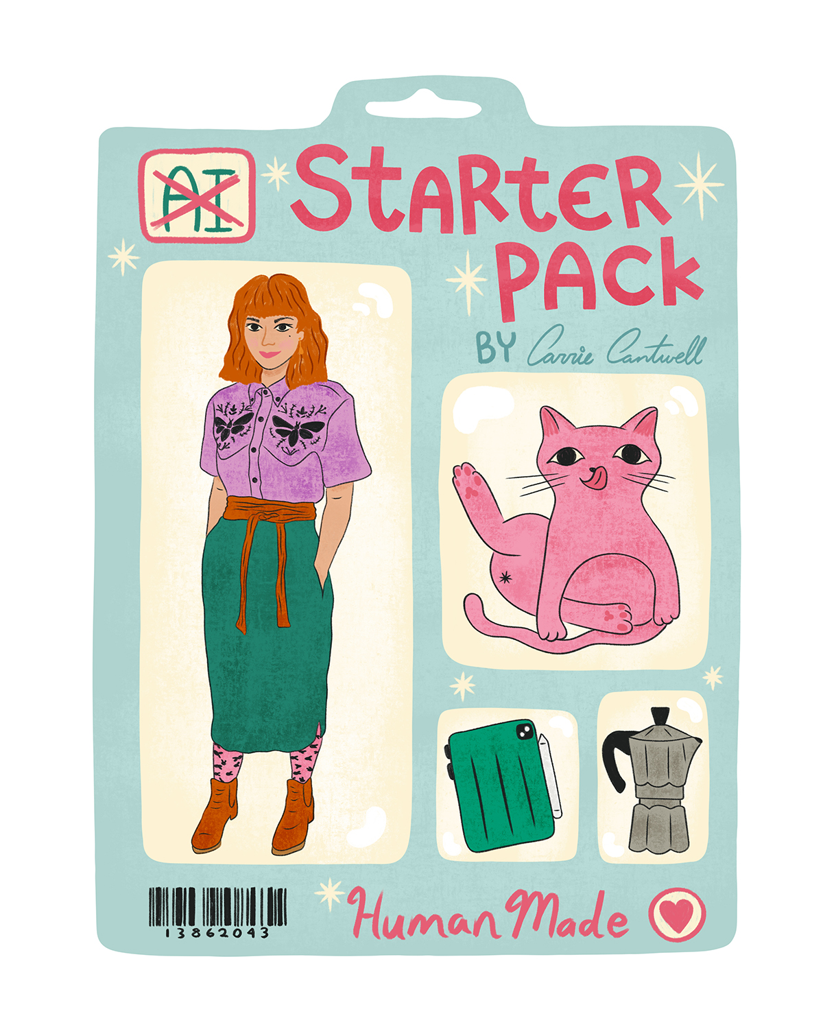 Starter pack packaging with illustrated girl, pink cat, green backpack, and gray vest, labeled 'Human Made' and 'by Carole Cantwell'.