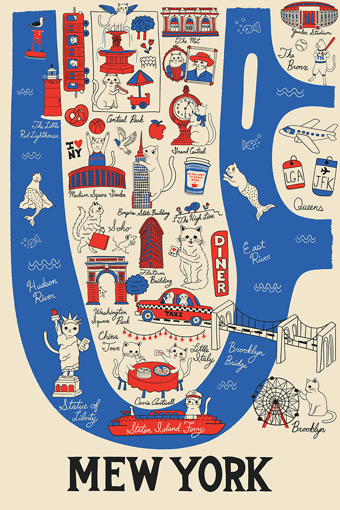 Map of New York City with landmarks, animals, and icons in red, white, and blue colors.