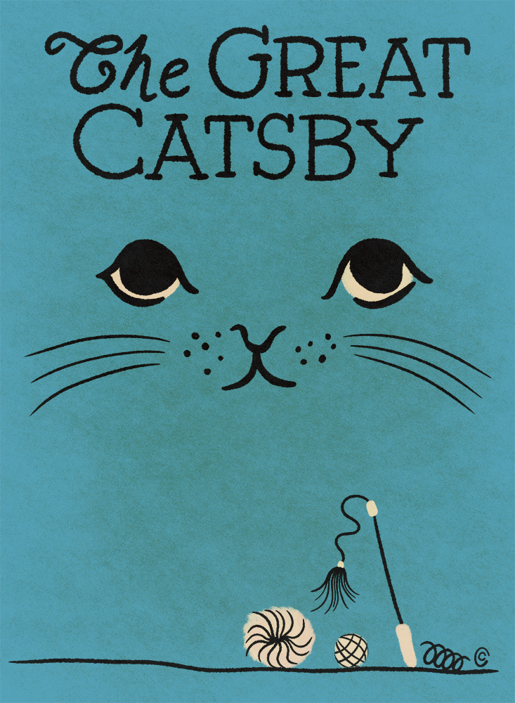 Book cover with a cat's face illustration and the title 'The Great Gatsby' at the top.