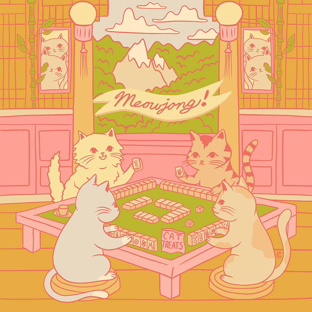 Four cats playing mahjong at a table with a mountain and trees in the background, pink and orange tones, traditional decor.
