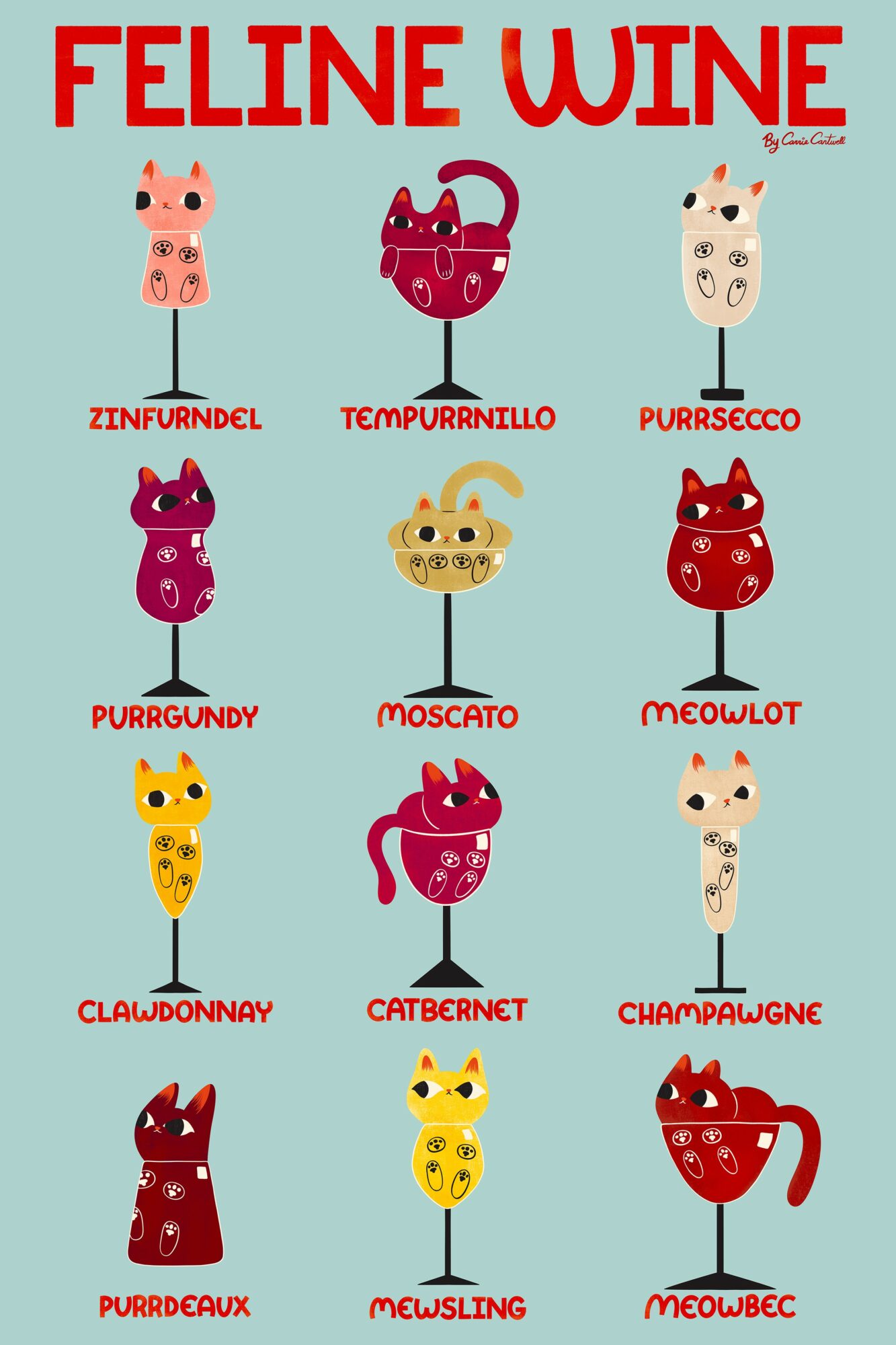 Nine cartoon cat-themed wine bottles with playful labels arranged in three rows, colorful and whimsical design.