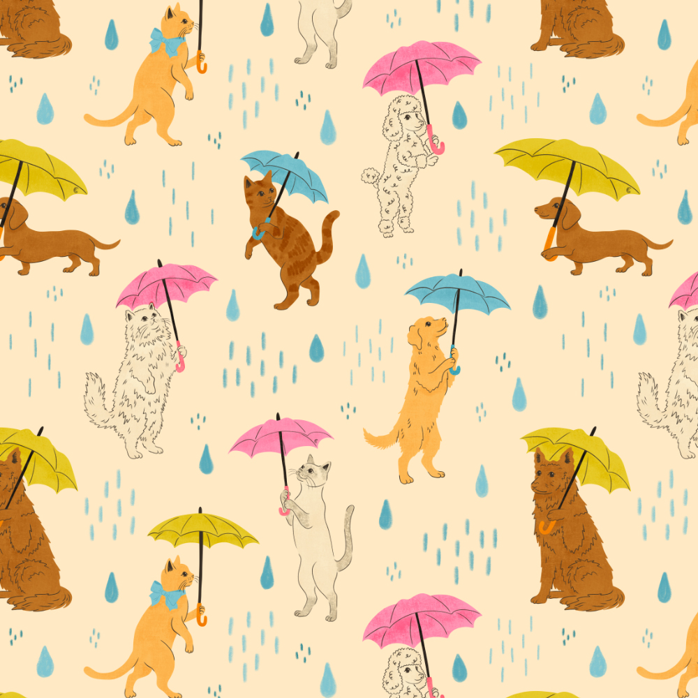 Pattern of dogs holding umbrellas in rain, with raindrops and some dogs without umbrellas, on a light background.
