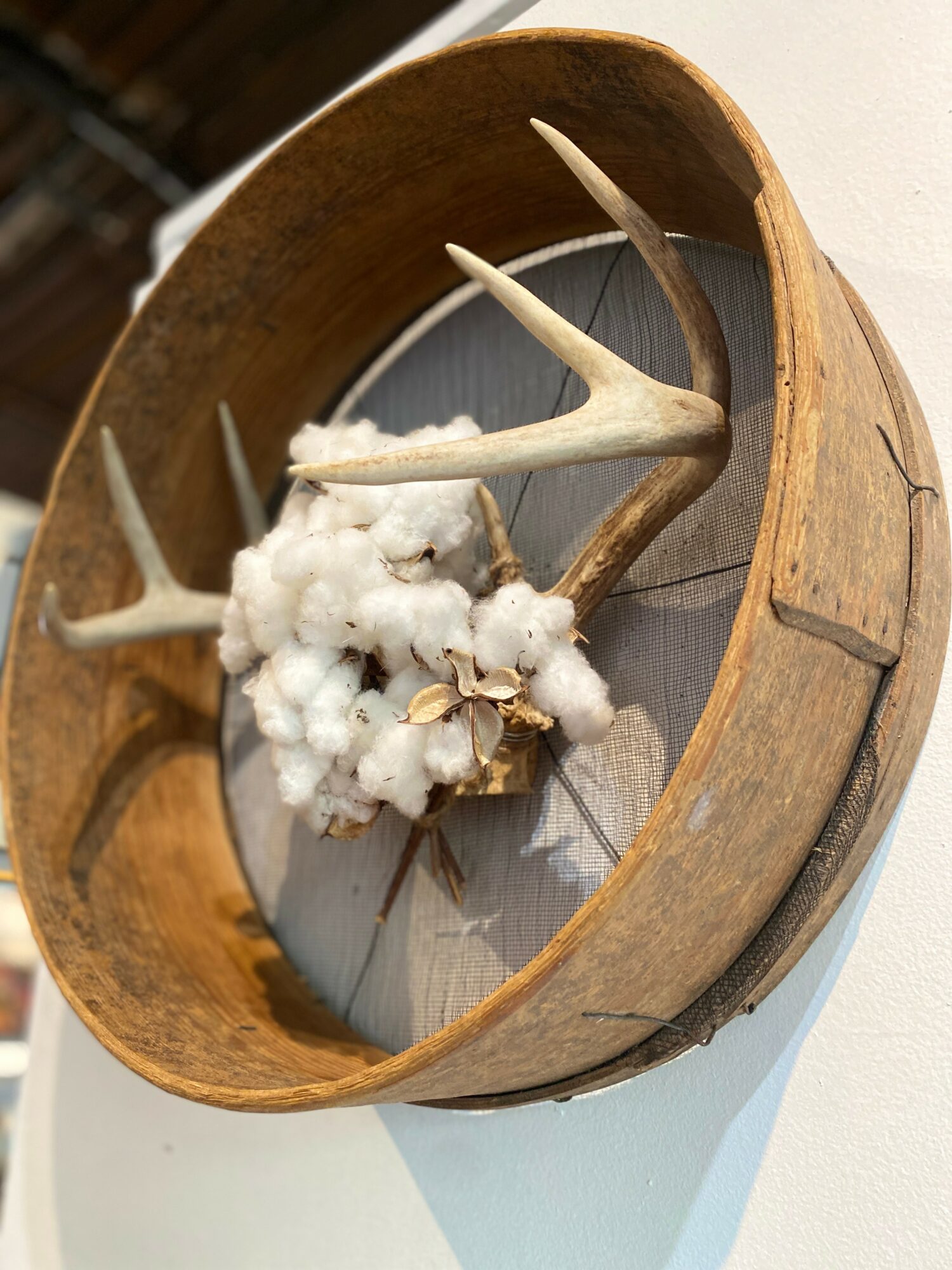 Decorative display with cotton and antlers inside a round wooden frame, mounted on a wall.