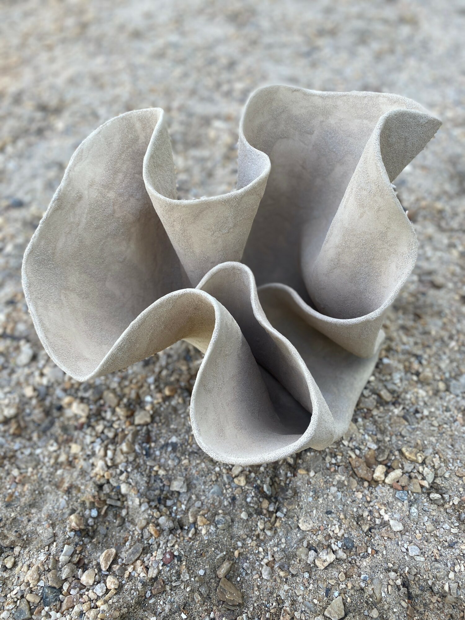 A gray, ruffled, flower-like object on gravelly ground, with multiple folds and curves, resembling a flower or sculpture.