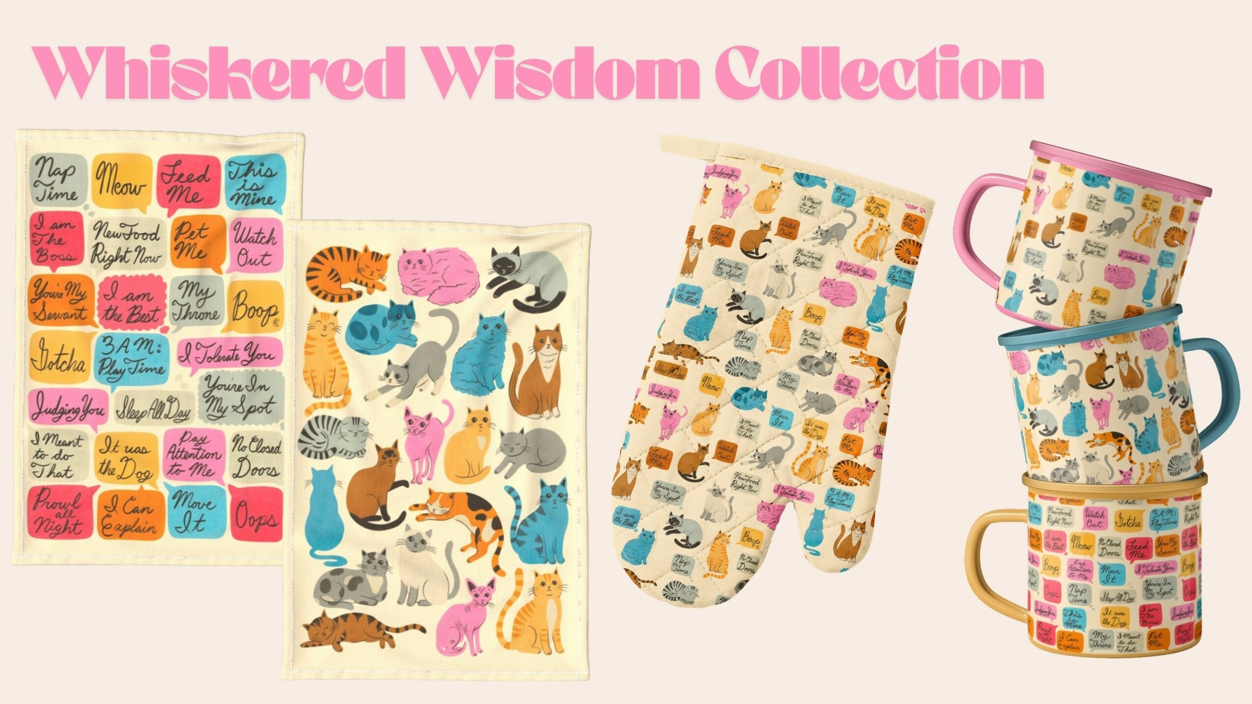 Collection of Whiskered Wisdom items including colorful stickers, cat illustrations, and patterned mugs with cat designs.