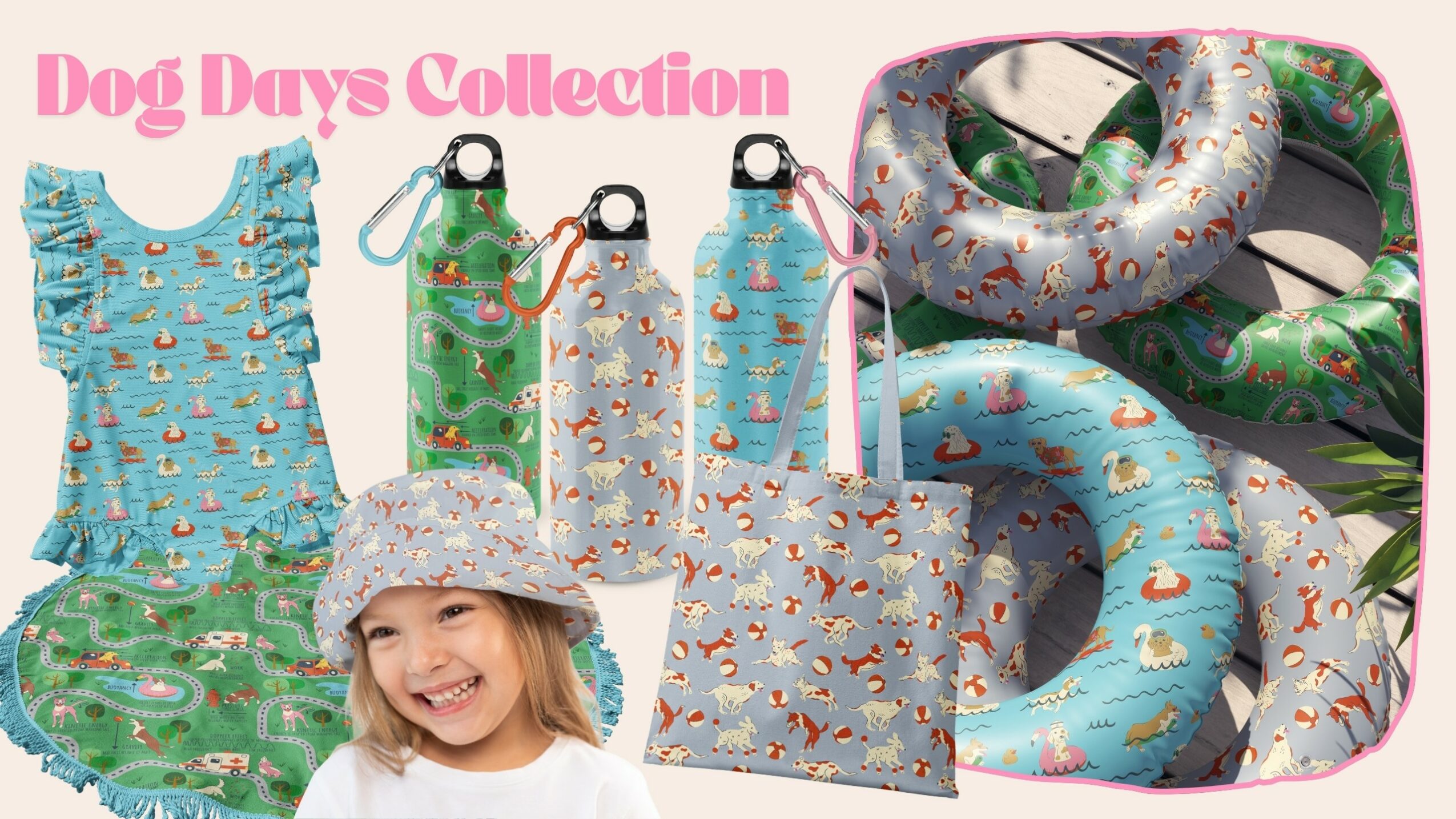 Collection of dog-themed accessories including float rings, water bottles, and a girl wearing a hat, with colorful dog patterns.
