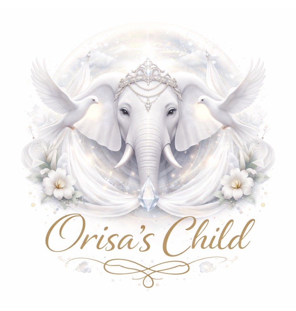Elegant illustration of an elephant with white doves, flowers, and a crown, with the text 'Orisa's Child' below.