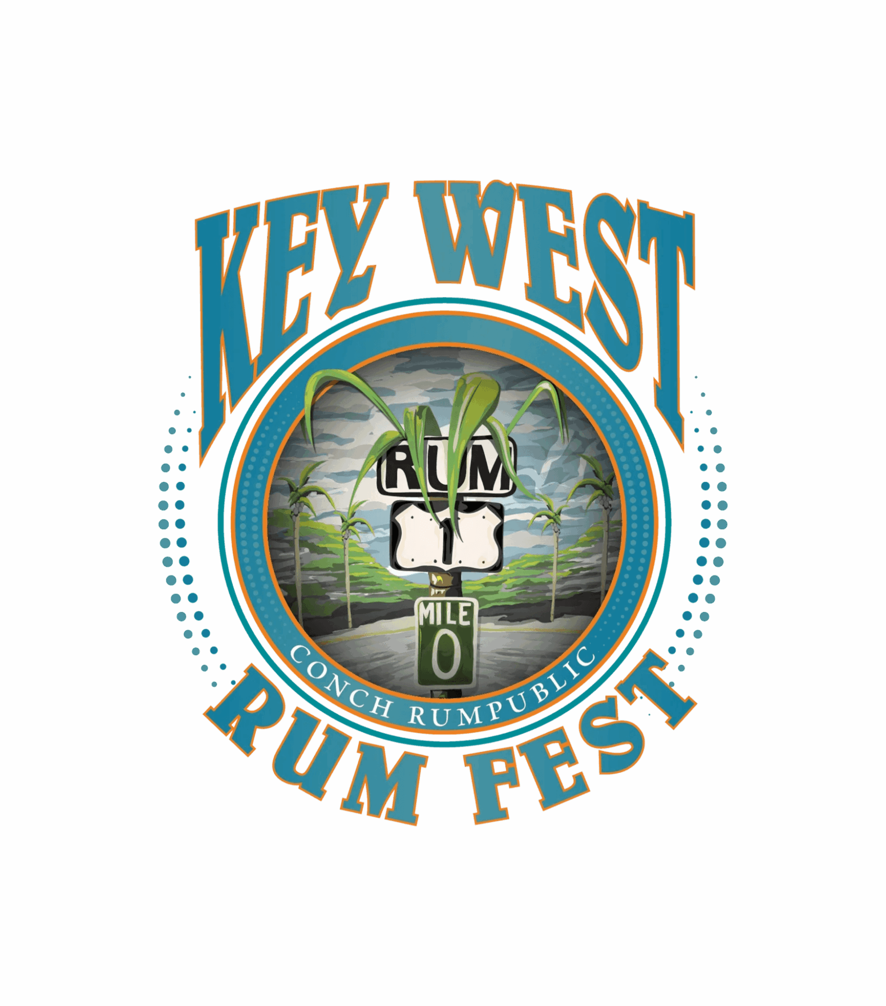 Logo for Key West Rum Fest featuring a clock with rum bottles, palm trees, and a blue circular border.