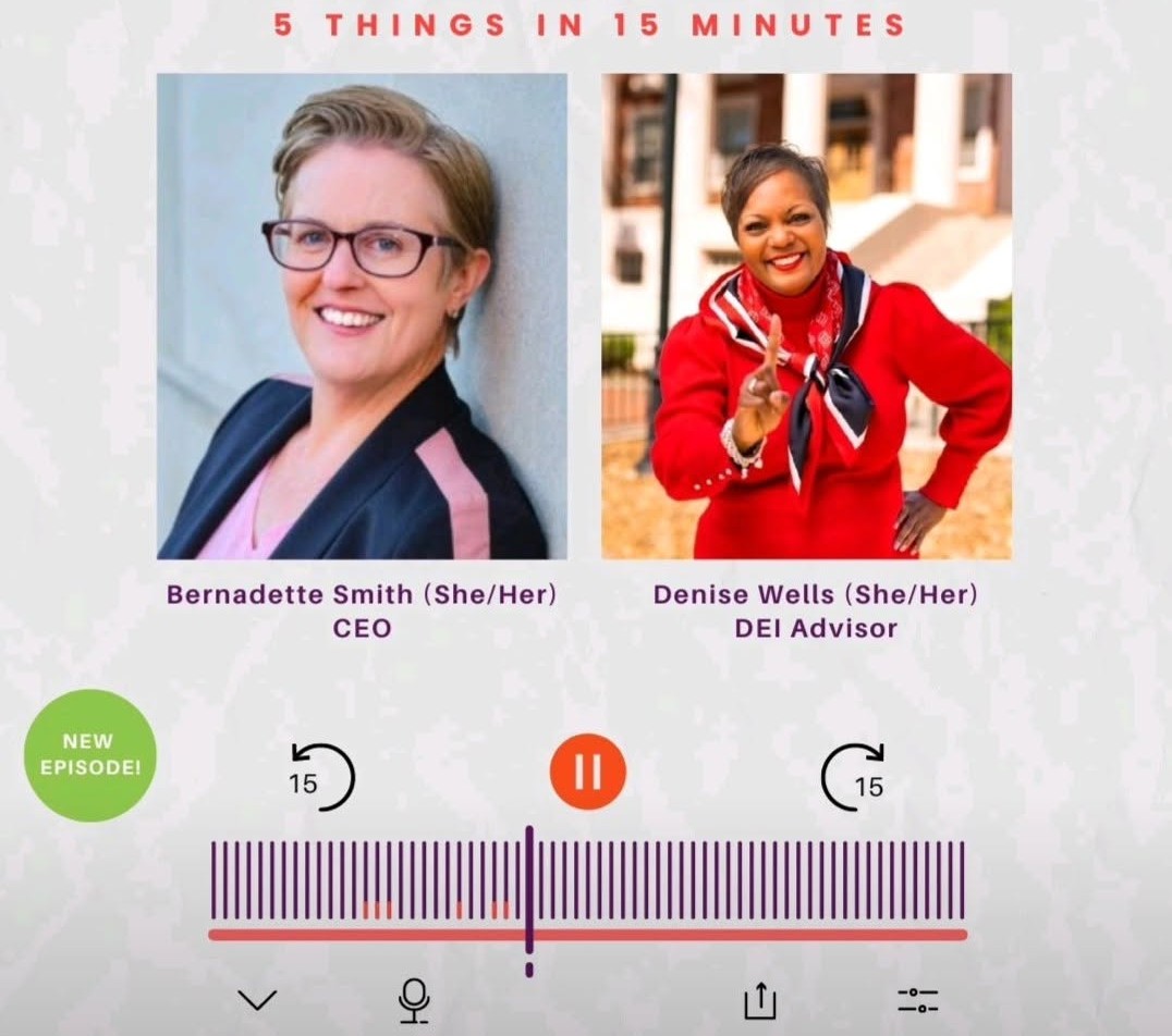 Two women, one smiling with glasses and the other in a red jacket, outdoors, with text about five things in 15 minutes.