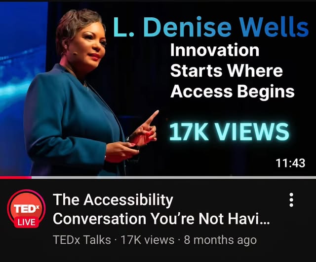 Woman in blue blazer speaking on stage with text about L. Denise Wells and 17K views, time 11:43.