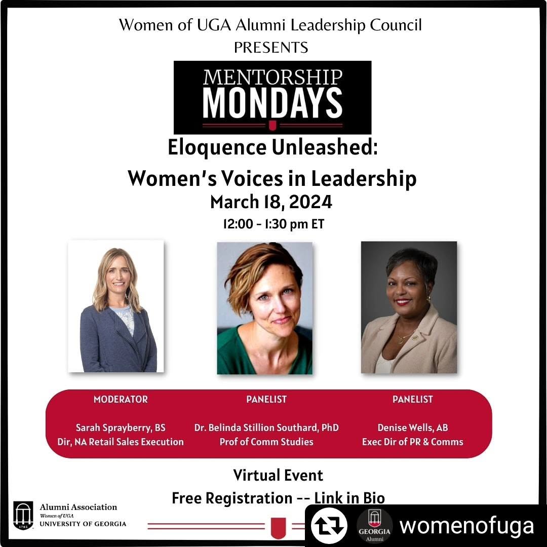 Event poster for Women of UGA Alumni Leadership Council Mentorship Mondays, featuring three women speakers, event date March 18, 2024.