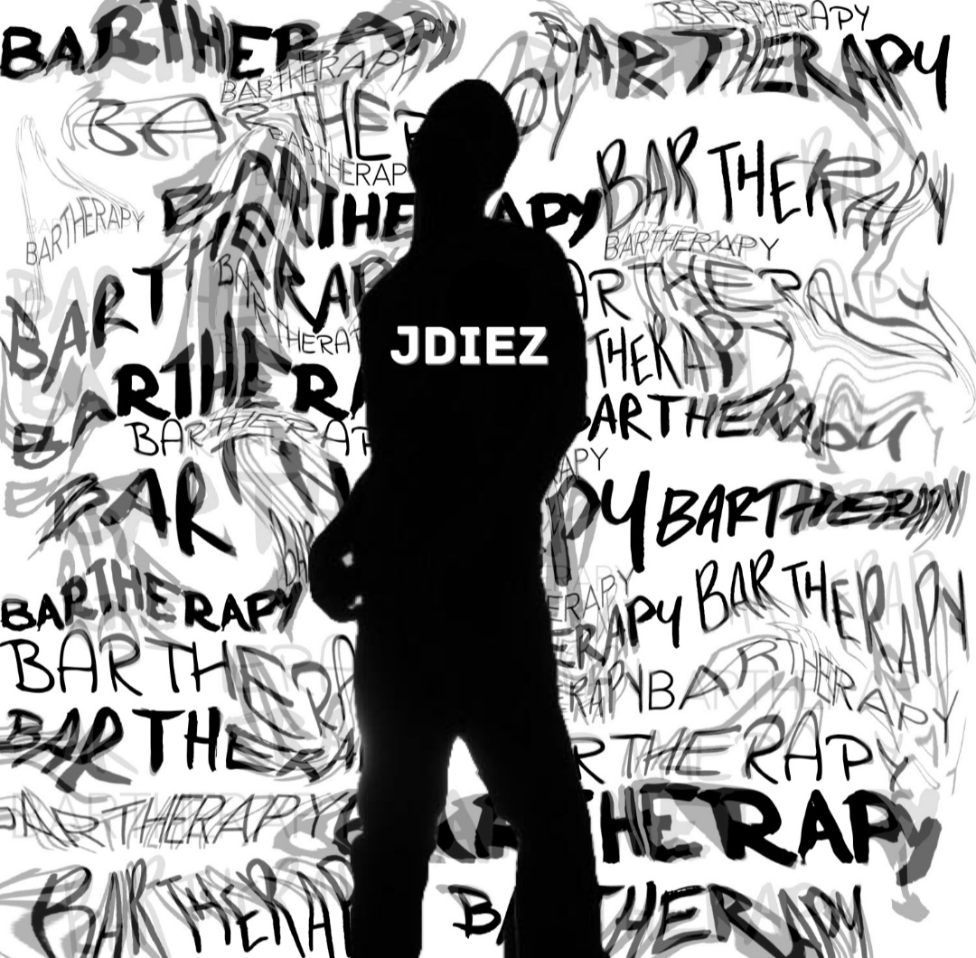 Silhouette of a person standing with crossed arms against a background filled with overlapping words 'BARTHE therapy' in black and white.