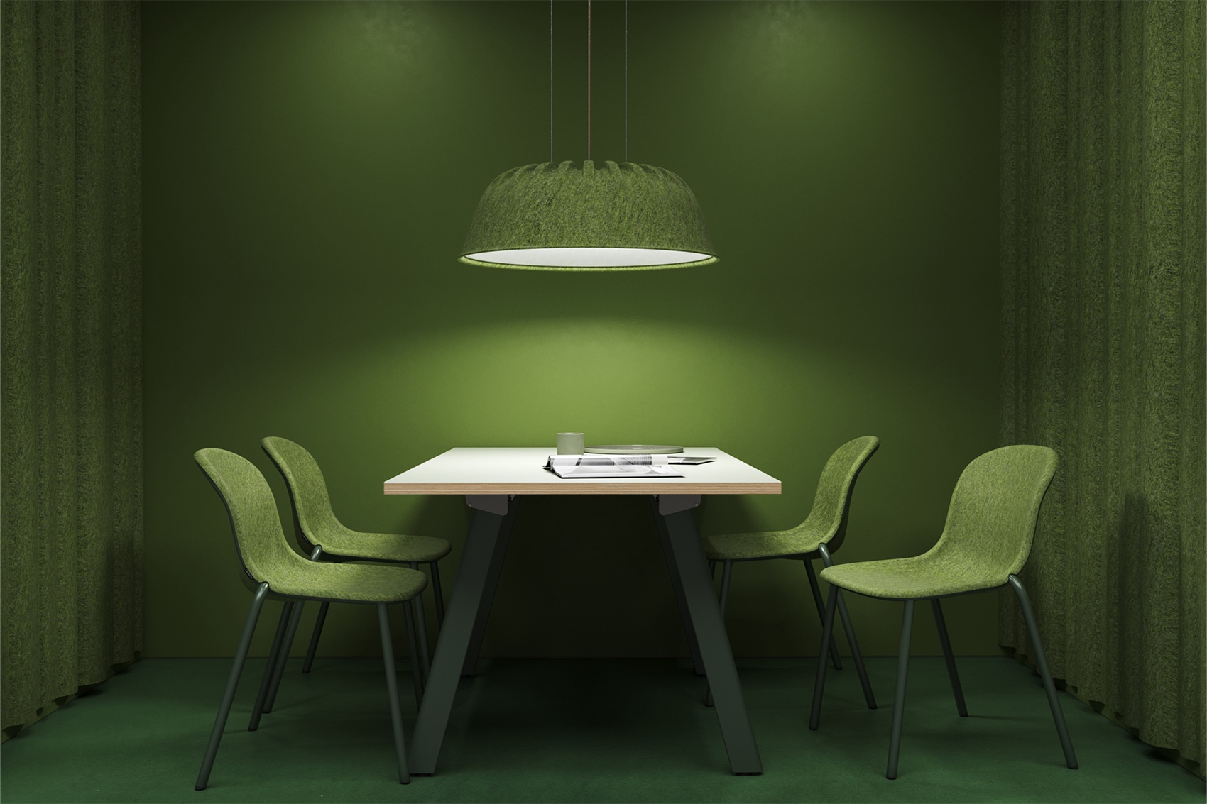 A green room with a white table, four green chairs, a hanging green lamp, and green curtains.