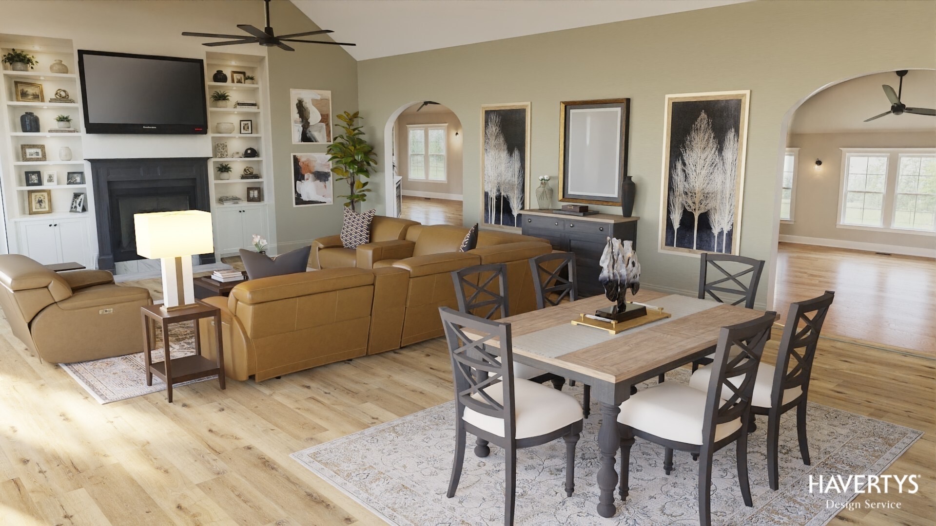 Living and dining area with beige sofas, a dining table with six chairs, and wall art, in a spacious room.