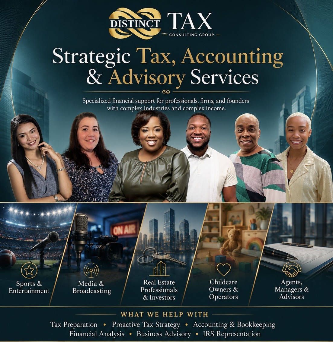 Group of five diverse professionals smiling, with cityscape and office images in the background, promoting tax, accounting, and advisory services.