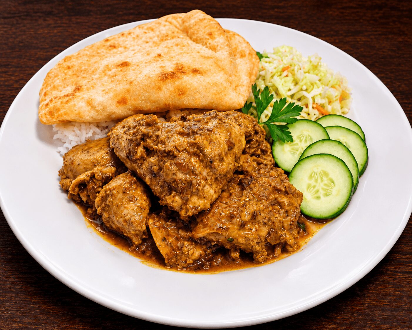 Plate with fried fish, rice, cucumber slices, parsley, and a side of coleslaw, on a dark wooden table.