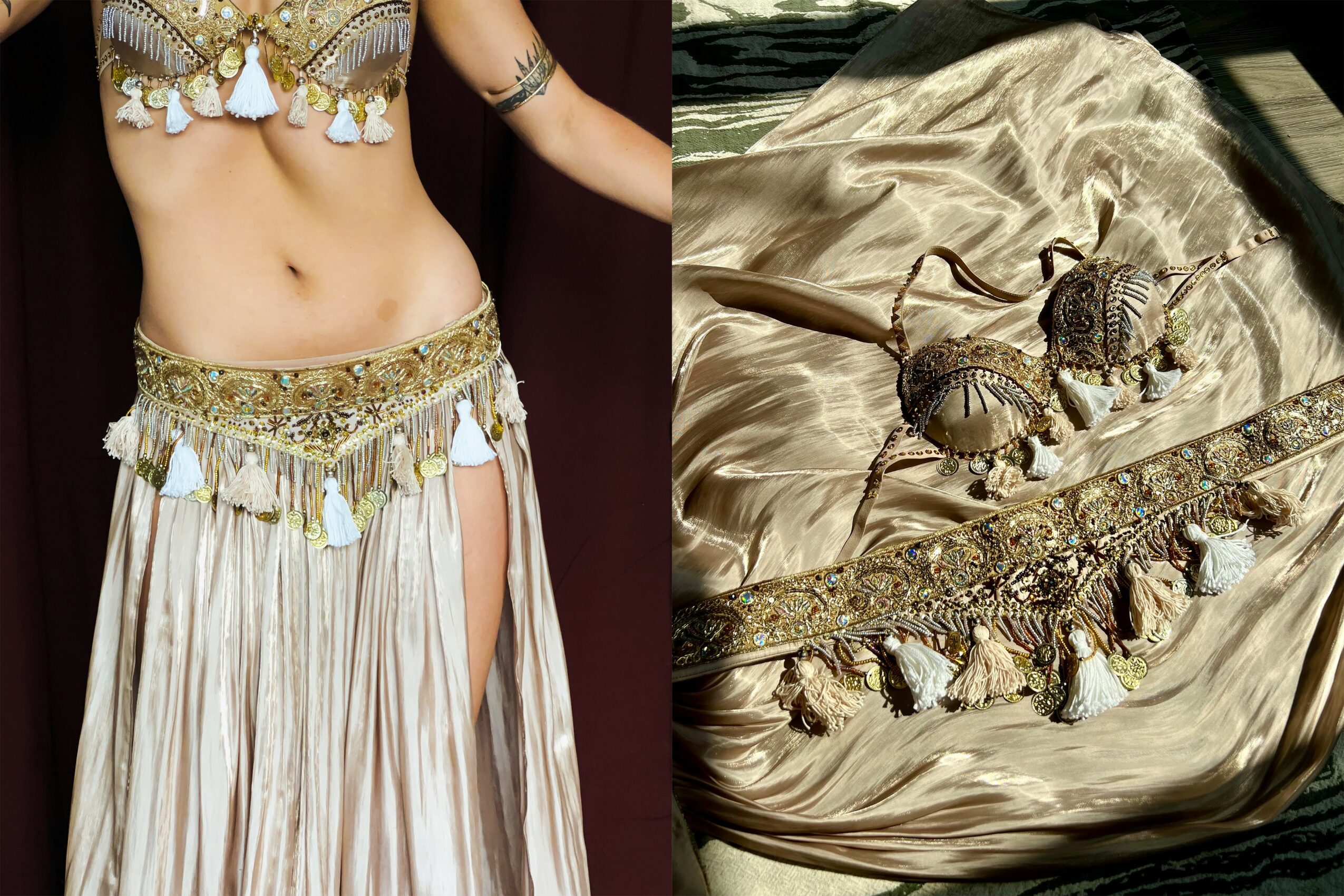 Close-up of ornate gold and beige fabric with embroidery and tassels, possibly part of a costume or decorative textile.