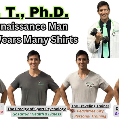 Two men in gray shirts and a man in a white shirt holding dumbbells, with text about a Ph.D. and training.