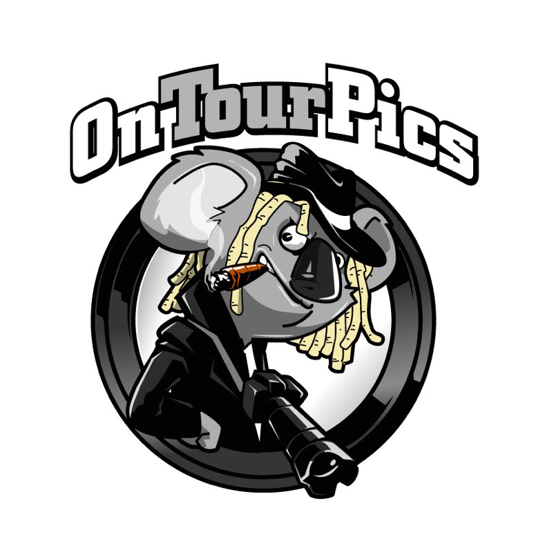 A cartoon koala with dreadlocks holding a gun, wearing a hoodie, with the text 'OnTourPics' above, in black and white.