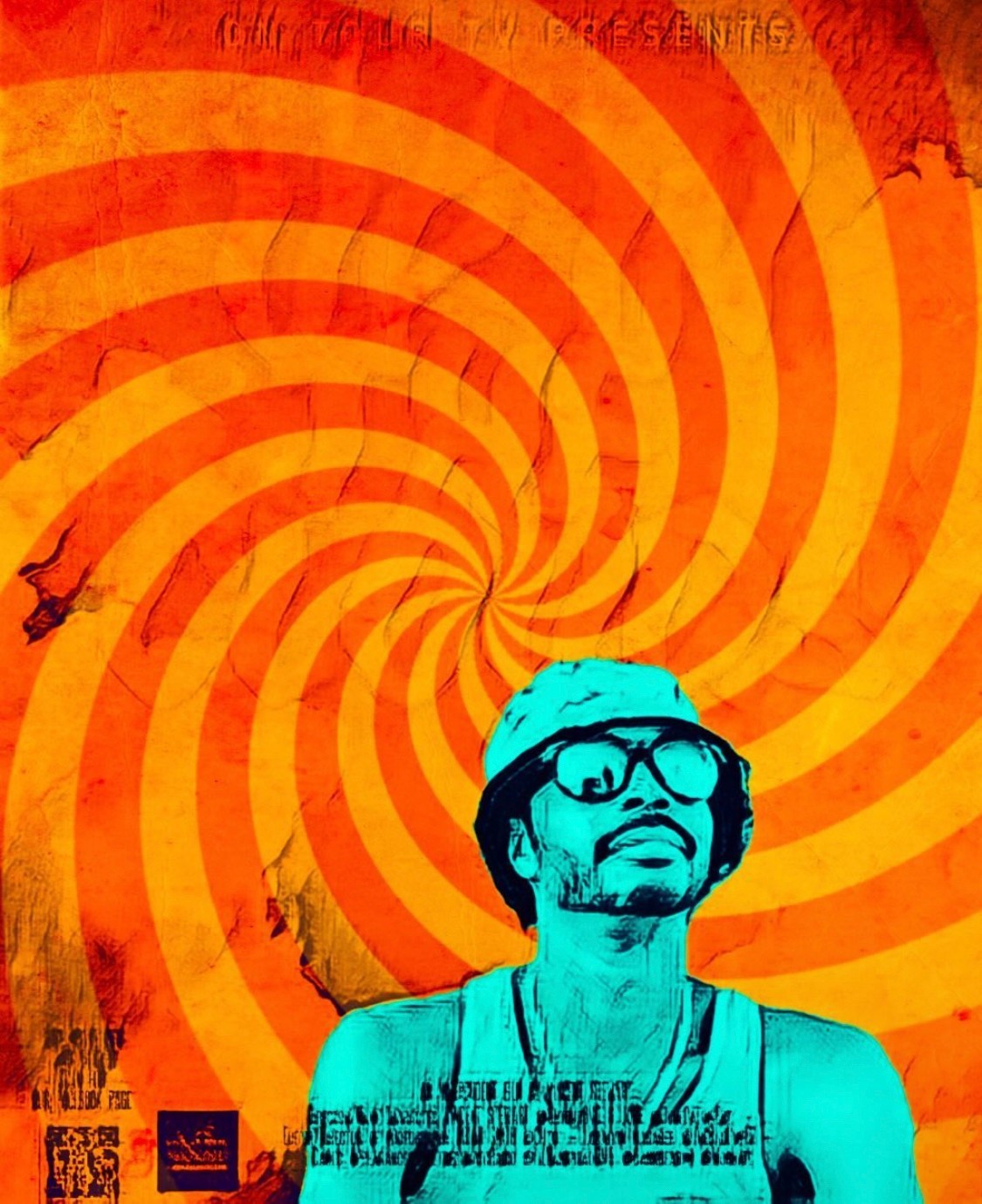 A person with glasses and a hat, illustrated in blue, against an orange spiral background.
