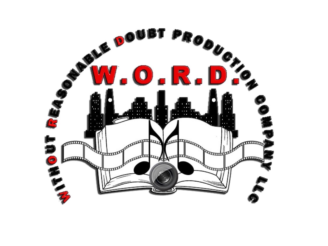 Logo with open book, film strip, and city skyline, with text 'W.O.R.D' and surrounding slogan, on a white background.
