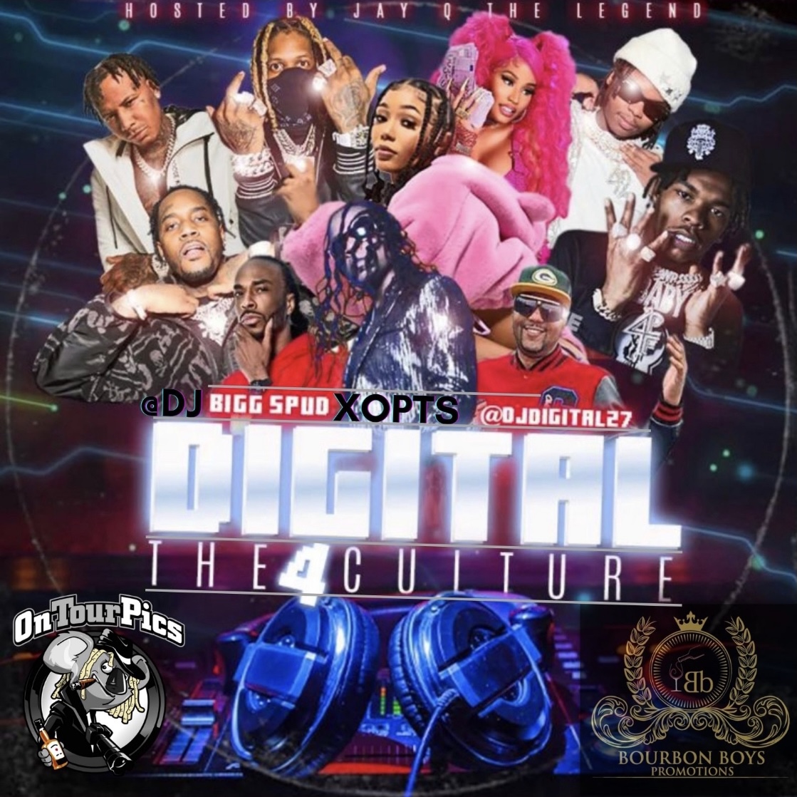 Group of diverse people with colorful hair and outfits, music-themed background, headphones, and logos, promoting a digital culture event.