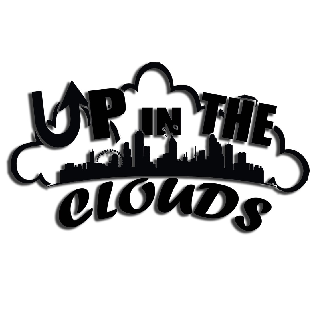 Text reads 'Up in the Clouds' with a city skyline silhouette inside a cloud shape, black on white background.