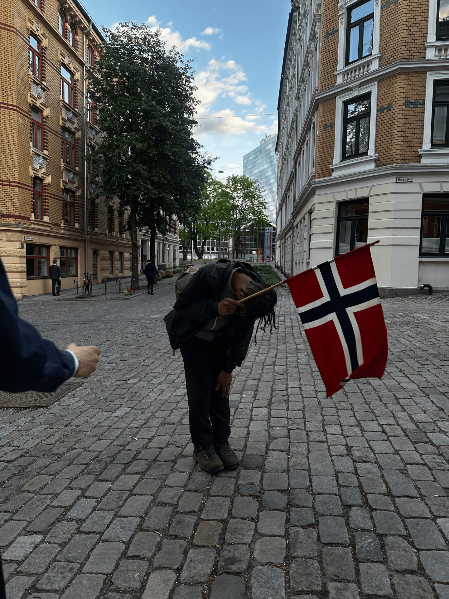 Person holding a Norwegian flag on a cobblestone street with buildings and trees in the background.