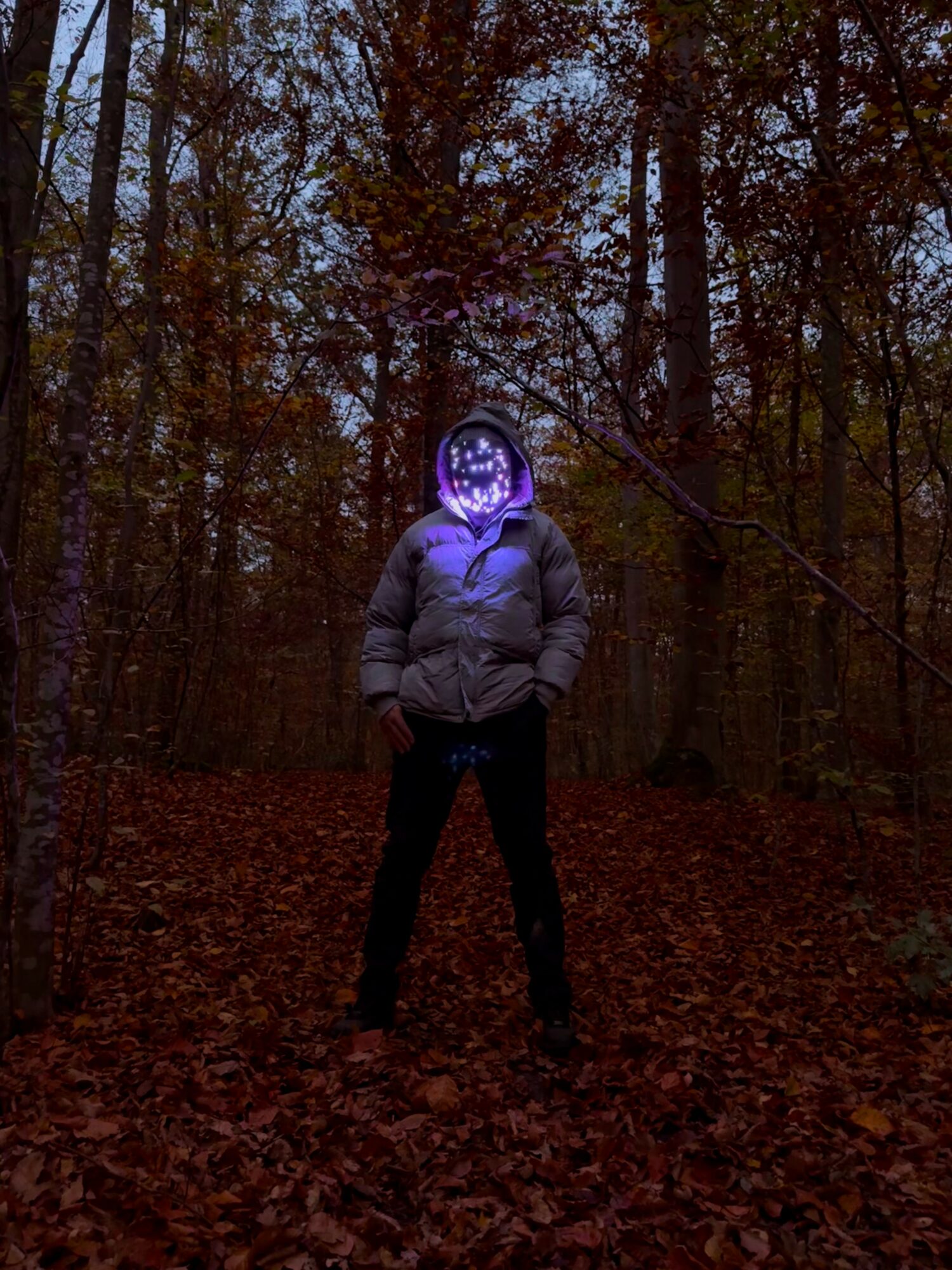Person standing in a forest with a glowing purple face, wearing a jacket and dark pants, surrounded by trees and fallen leaves.