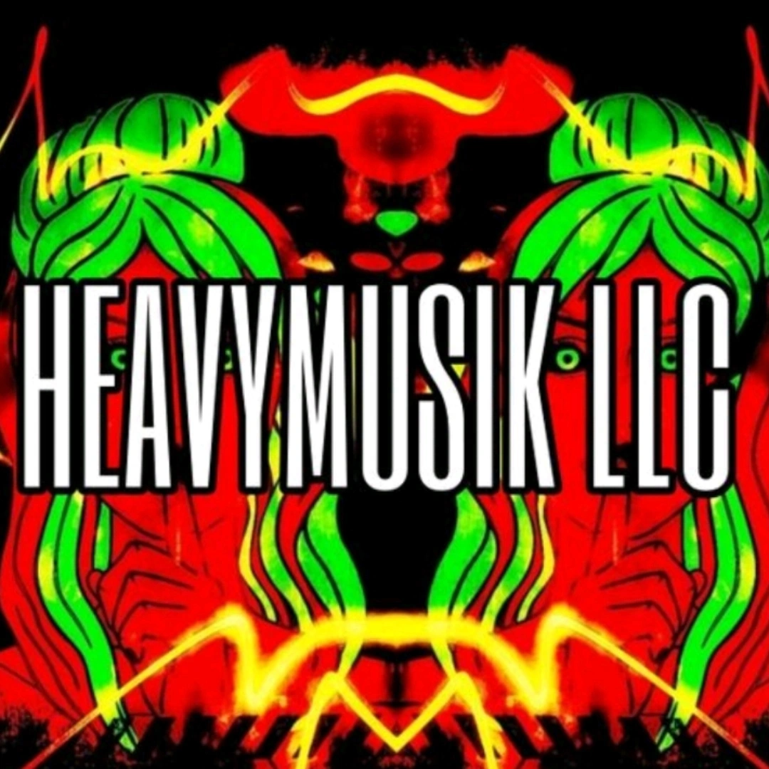 Bright neon-style graphic with green, red, and yellow elements and bold text reading 'HEAVY MUSIC LLC'.