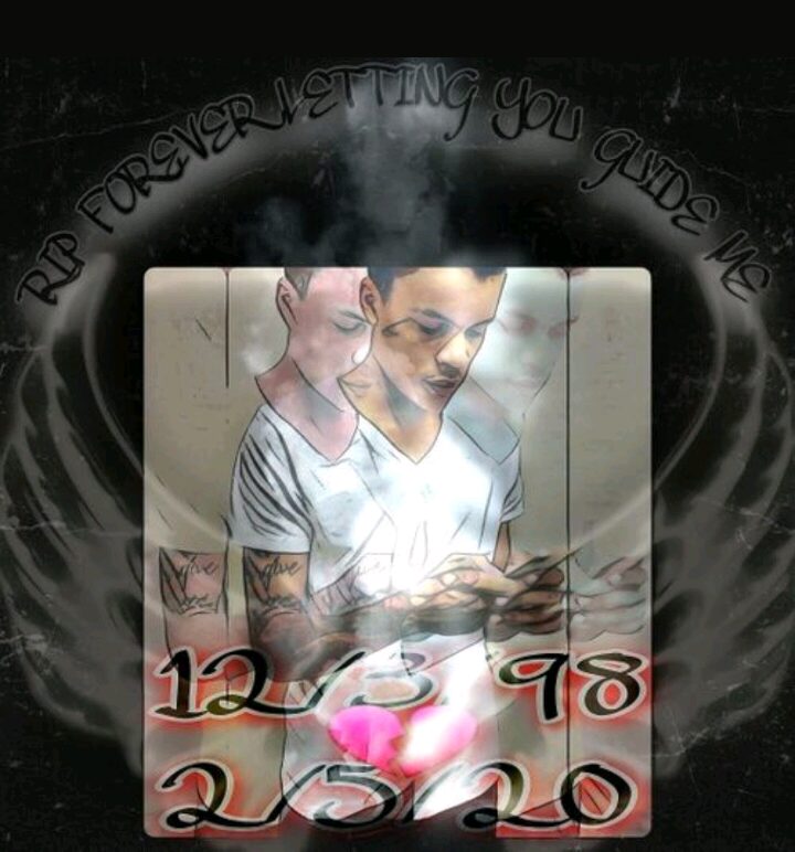 Two people looking at a phone, with a background of dark swirling design and text reading 'RIP forever letting you guide me'.