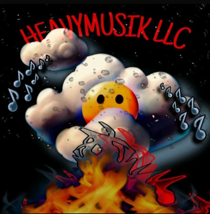 Clouds with musical notes, a smiling sun, and flames, with red text reading 'HEALY MUSIK LLC'.