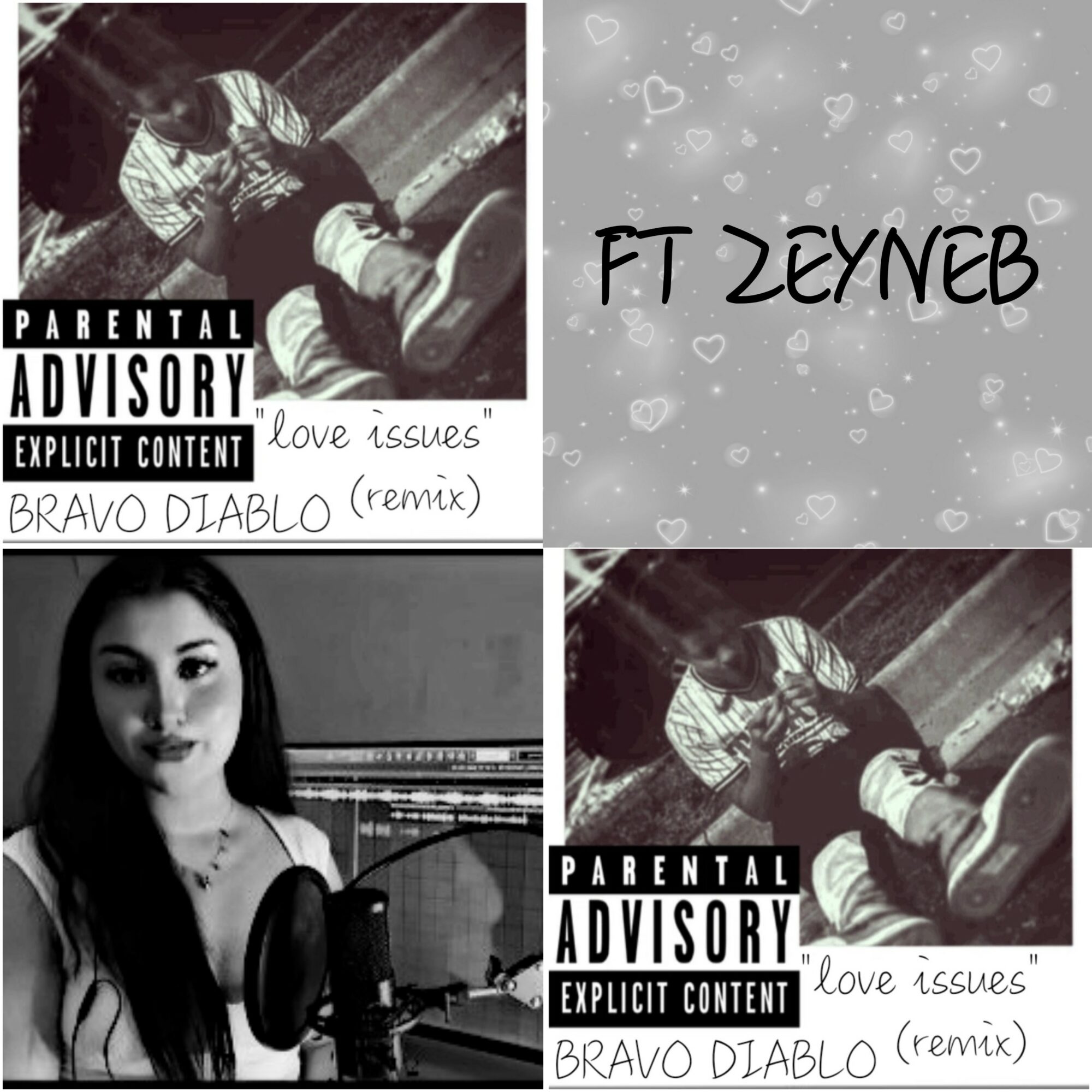 Two black-and-white photos of a girl, one with a microphone, and a gray background with hearts, text, and a girl. 20 words.