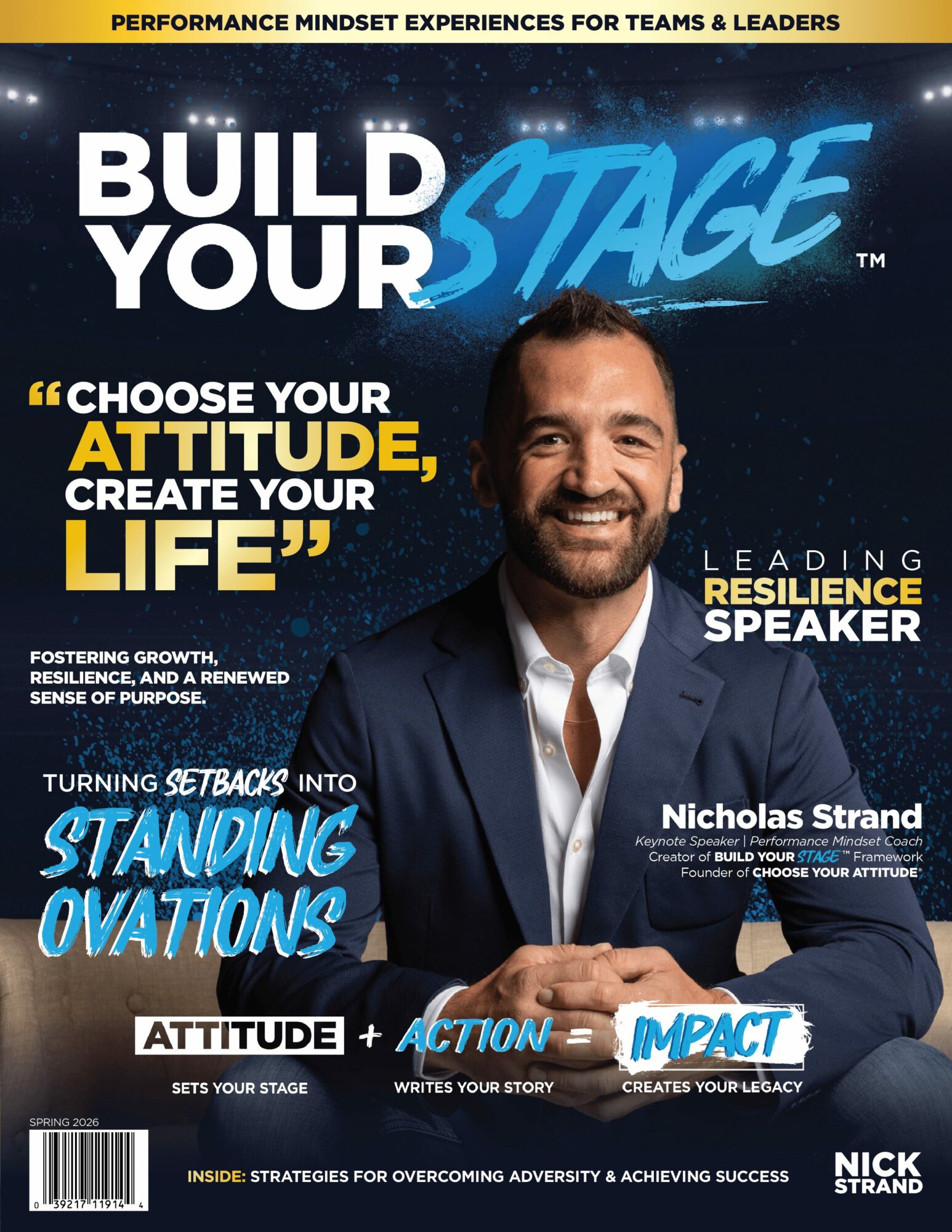 Smiling man in suit with text about building stage, attitude, resilience, and impact, on a colorful promotional background.