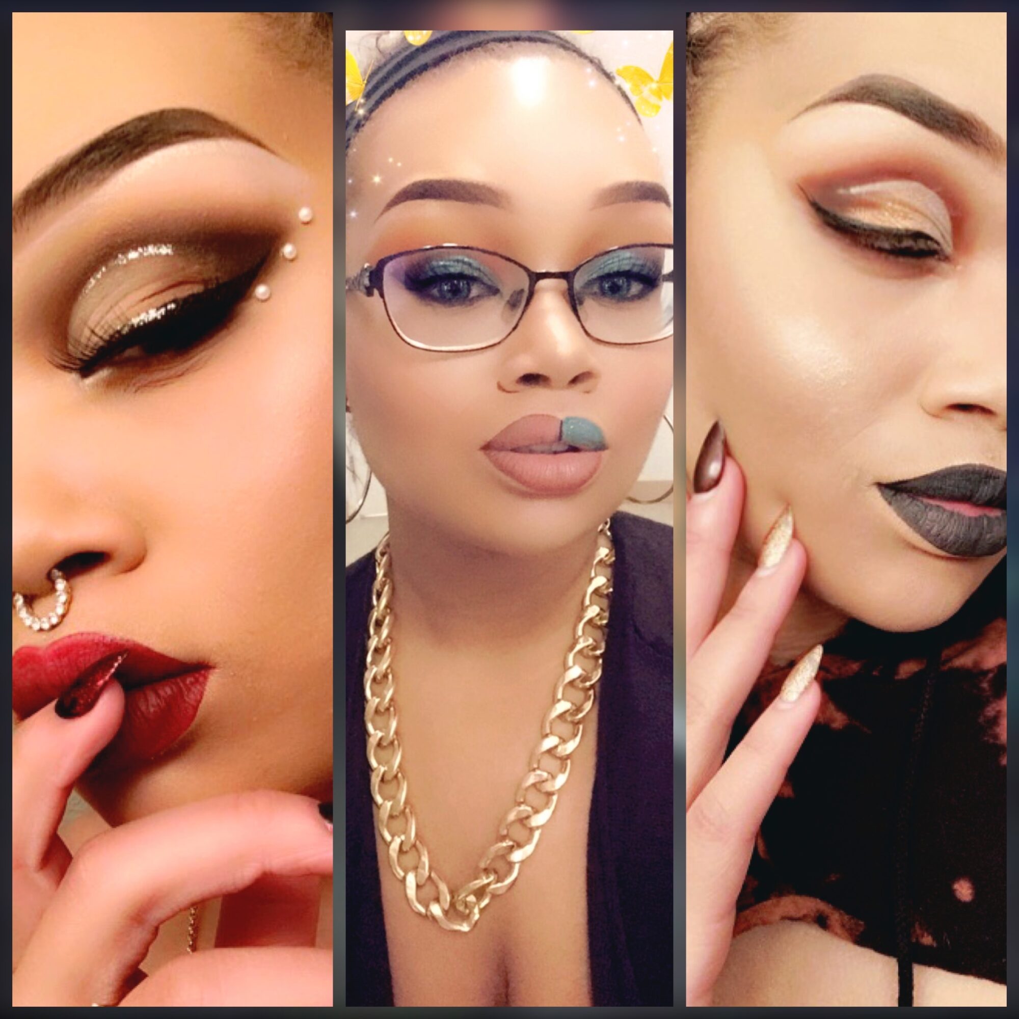 Three women with makeup and accessories, one with glasses, close-up portraits, each with distinct styles.