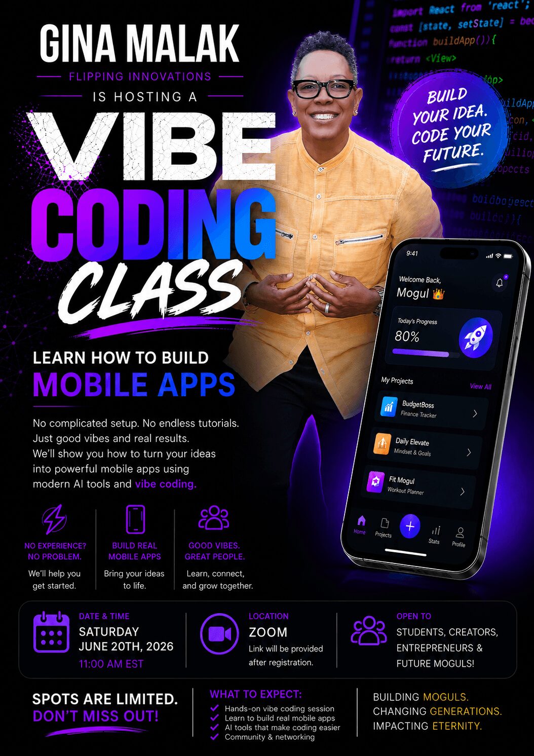 Woman smiling holding a phone with coding app, colorful text about coding class, event details, and icons on a dark background.