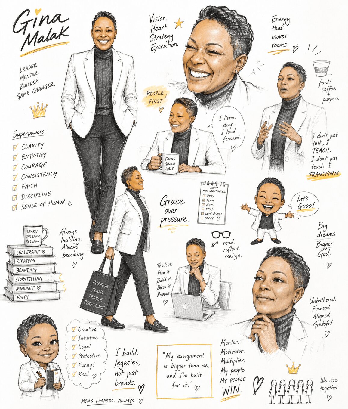 Sketch of Gina Malak smiling, with various notes and quotes about confidence, leadership, and success, including a young girl and woman in different poses.
