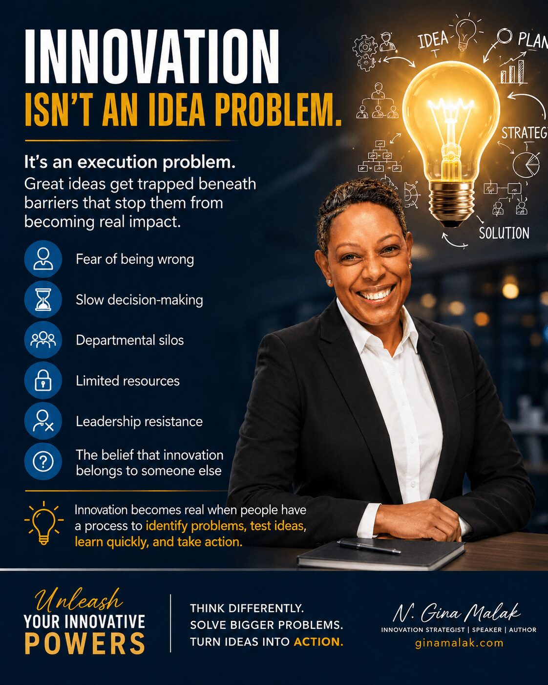 Poster with a smiling woman in a suit, lightbulb graphic, and text about innovation and problem-solving.