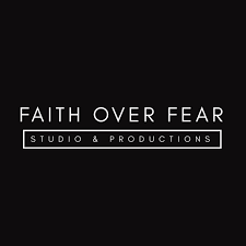 Black background with white text reading 'FAITH OVER FEAR' and 'STUDIO & PRODUCTIONS' below, enclosed in a rectangle.